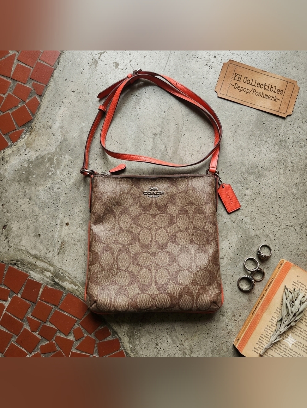 COACH Signature Canvas North South Crossbody File Bag Khaki Orange NWOT Pristine